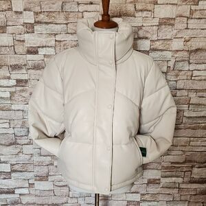 Sebby Short Faux Leather Puffer Women's Cream  Jacket Ivory Color